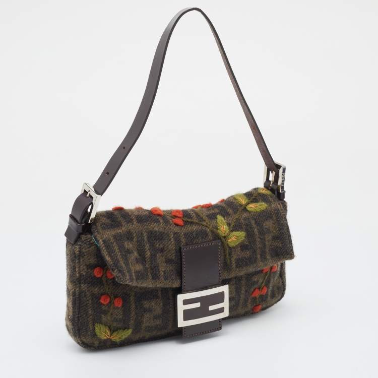 Pre Owned Fendi Black/Grey Zucca Wool And Leather Embroidered Baguette