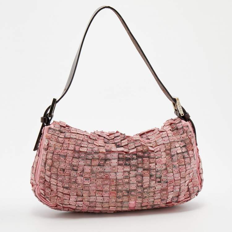 Pre Owned Fendi Pink Satin And Leather Beaded Baguette 