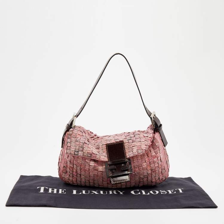 Pre Owned Fendi Pink Satin And Leather Beaded Baguette 