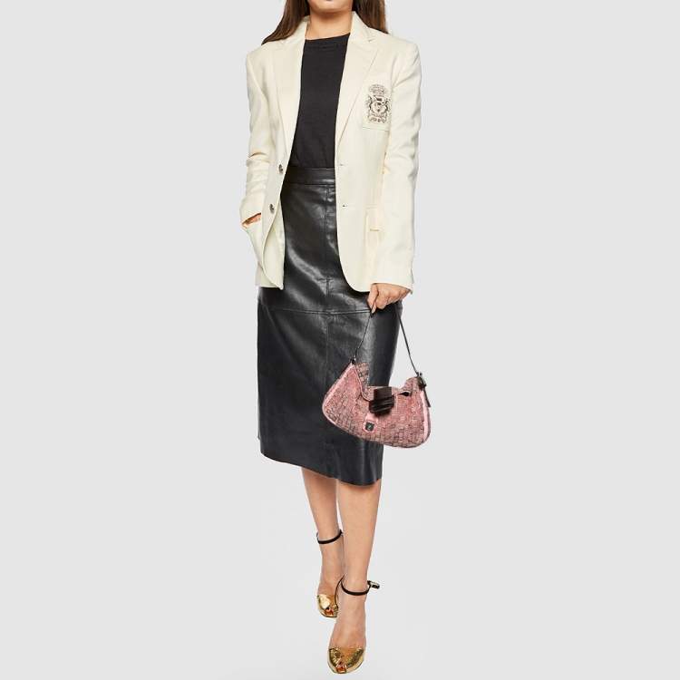 Pre Owned Fendi Pink Satin And Leather Beaded Baguette 