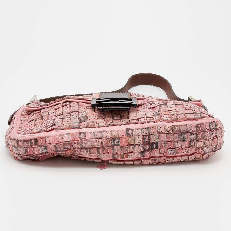 Pre Owned Fendi Pink Satin And Leather Beaded Baguette 