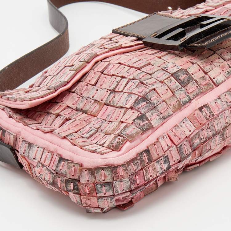Pre Owned Fendi Pink Satin And Leather Beaded Baguette 