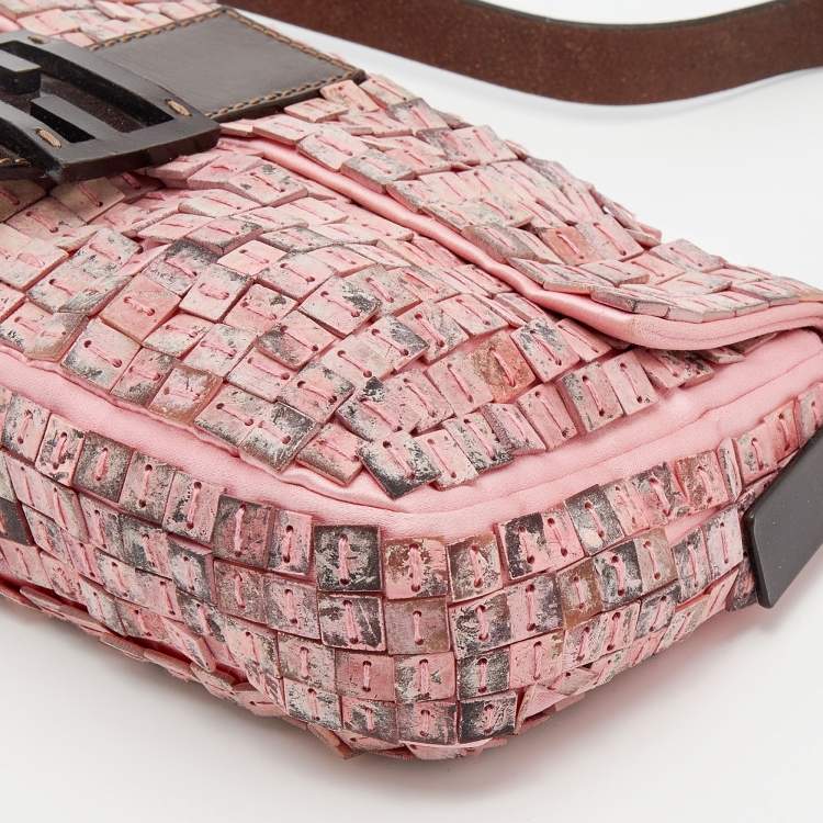 Pre Owned Fendi Pink Satin And Leather Beaded Baguette 
