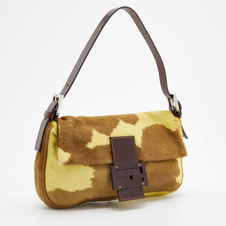 Pre Owned Fendi Brown/Yellow Calf Hair and Leather Flap Baguette