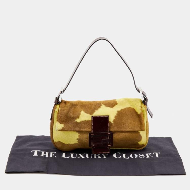 Pre Owned Fendi Brown/Yellow Calf Hair and Leather Flap Baguette