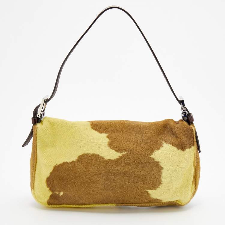 Pre Owned Fendi Brown/Yellow Calf Hair and Leather Flap Baguette
