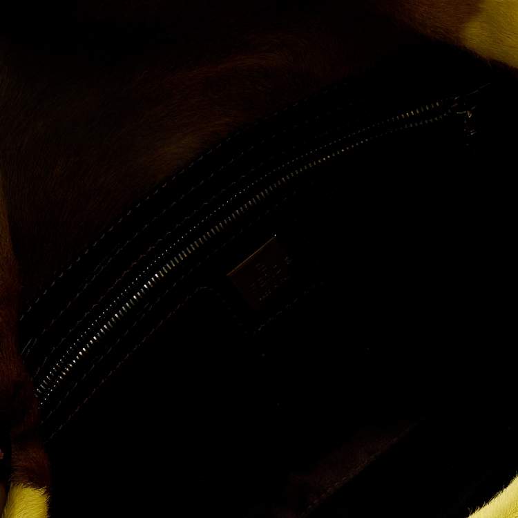 Pre Owned Fendi Brown/Yellow Calf Hair and Leather Flap Baguette