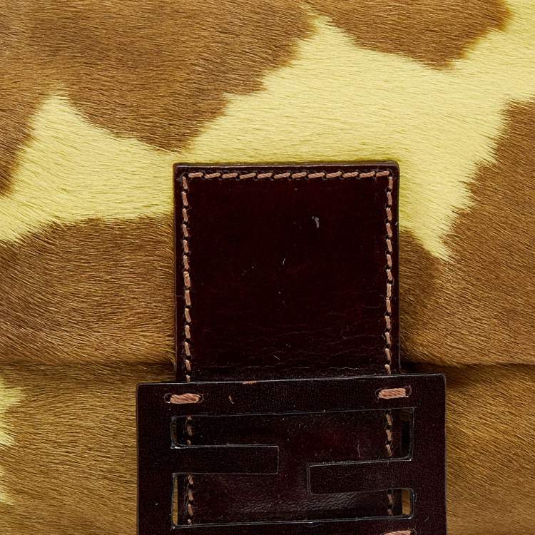 Pre Owned Fendi Brown/Yellow Calf Hair and Leather Flap Baguette