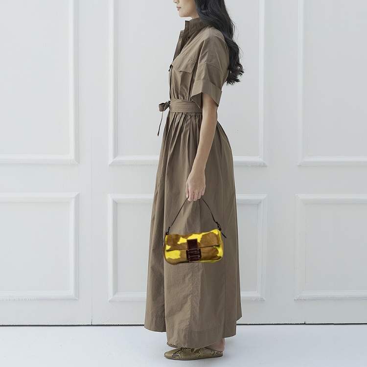 Pre Owned Fendi Brown/Yellow Calf Hair and Leather Flap Baguette