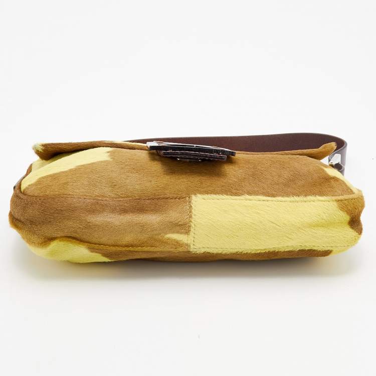 Pre Owned Fendi Brown/Yellow Calf Hair and Leather Flap Baguette