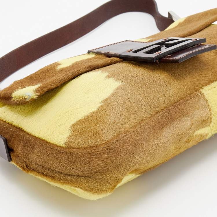 Pre Owned Fendi Brown/Yellow Calf Hair and Leather Flap Baguette
