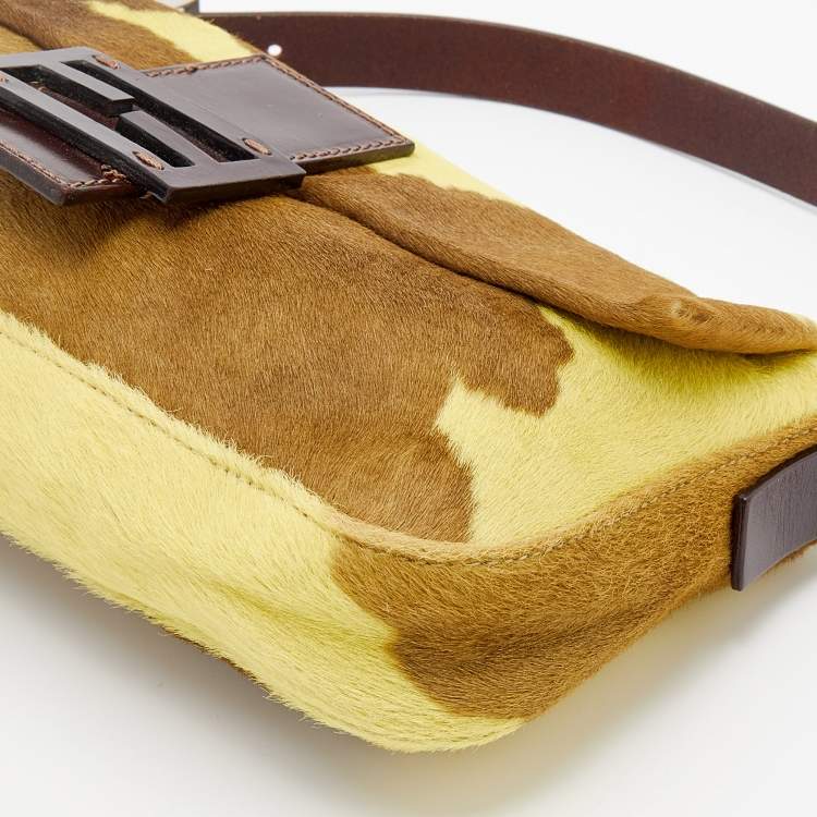Pre Owned Fendi Brown/Yellow Calf Hair and Leather Flap Baguette