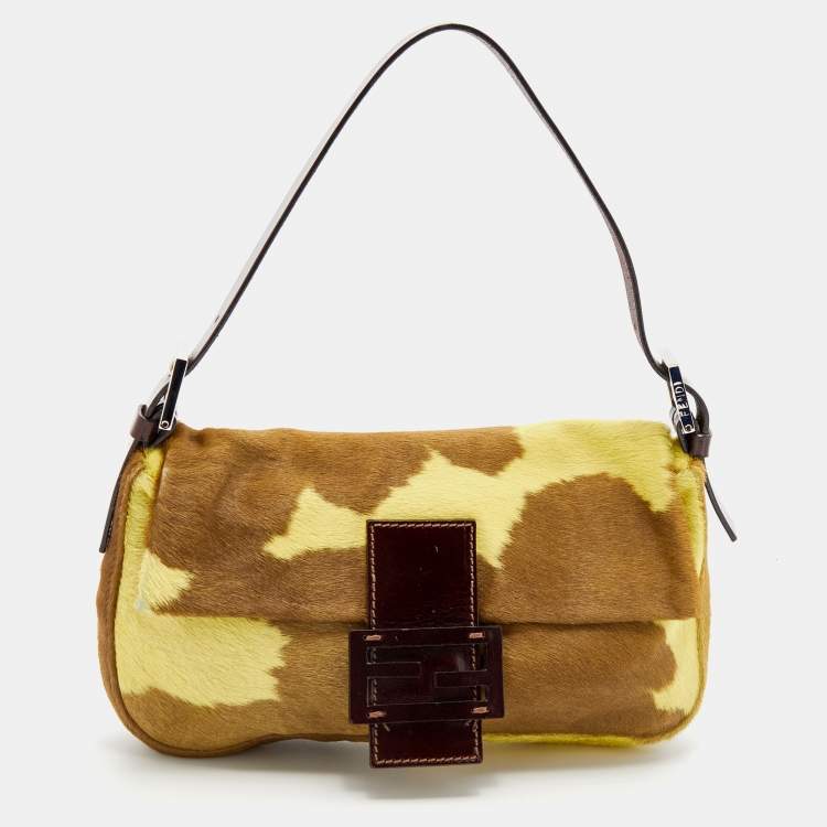 Pre Owned Fendi Brown/Yellow Calf Hair and Leather Flap Baguette