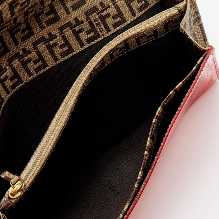 Pre Owned Fendi Red Zucchino Patent Leather Flap Wallet