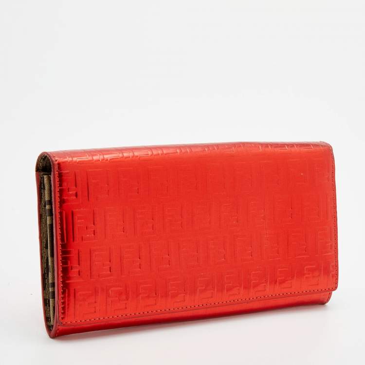 Pre Owned Fendi Red Zucchino Patent Leather Flap Wallet
