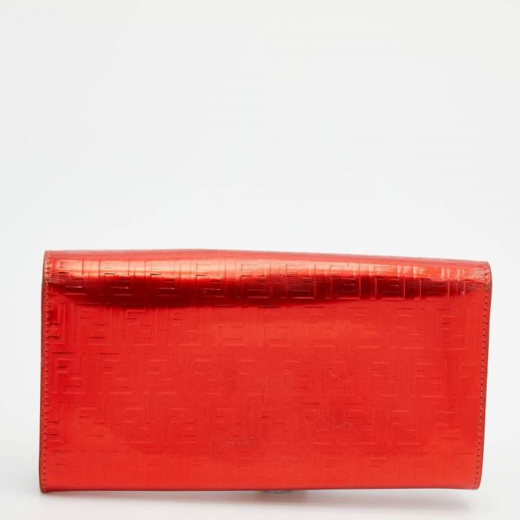 Pre Owned Fendi Red Zucchino Patent Leather Flap Wallet