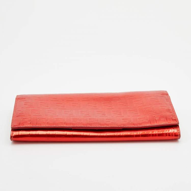 Pre Owned Fendi Red Zucchino Patent Leather Flap Wallet