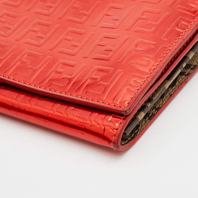 Pre Owned Fendi Red Zucchino Patent Leather Flap Wallet