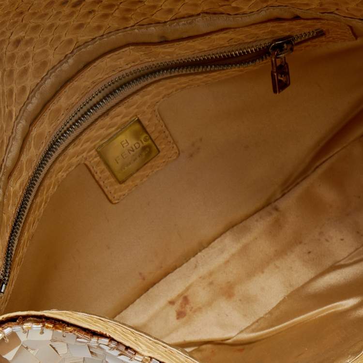 Pre Owned Fendi Beige Sequins And Python Baguette Bag