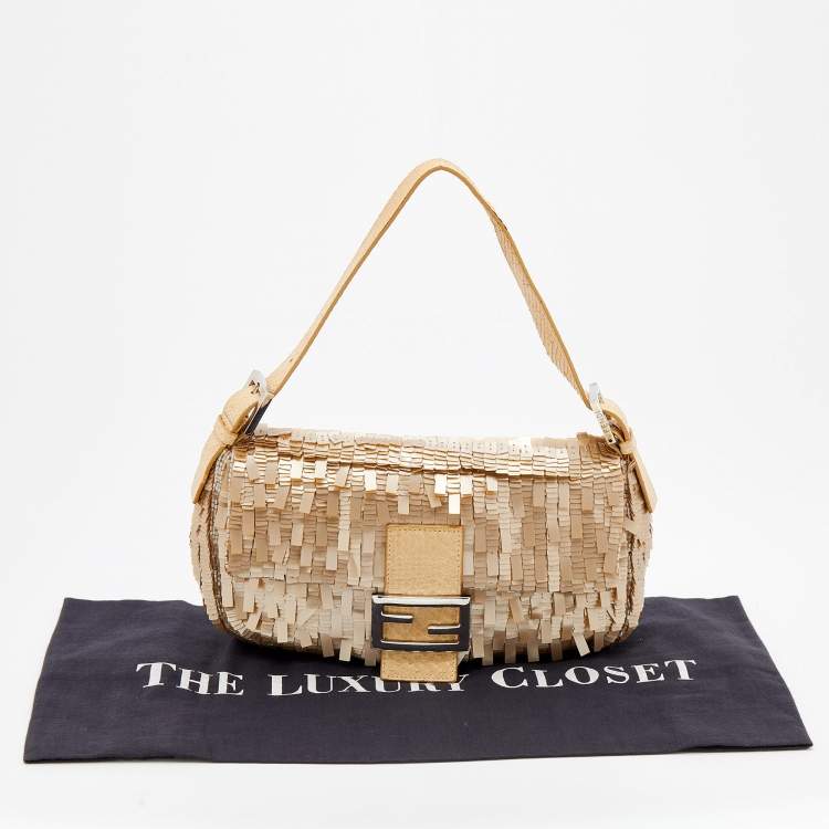 Pre Owned Fendi Beige Sequins And Python Baguette Bag