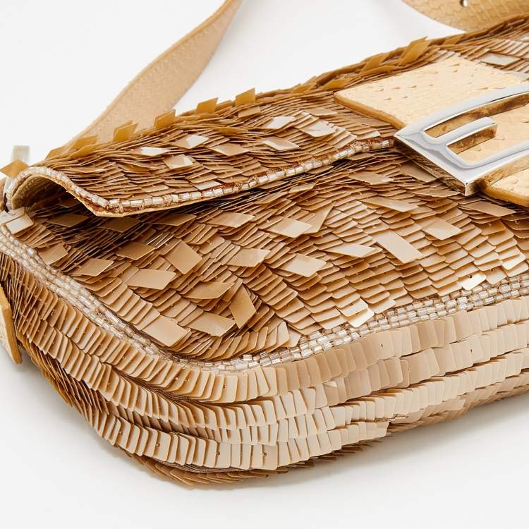 Pre Owned Fendi Beige Sequins And Python Baguette Bag