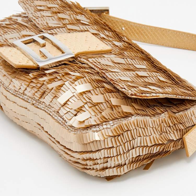 Pre Owned Fendi Beige Sequins And Python Baguette Bag