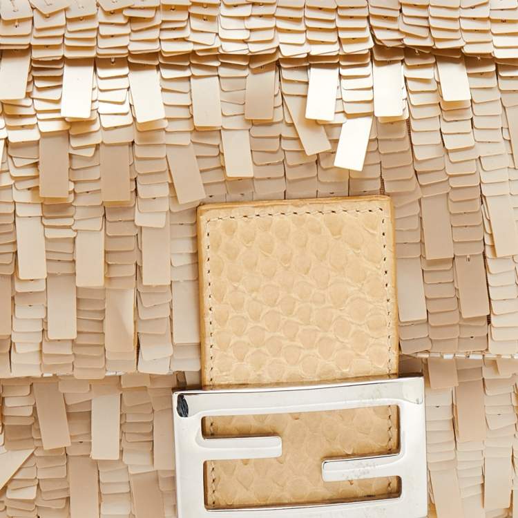 Pre Owned Fendi Beige Sequins And Python Baguette Bag