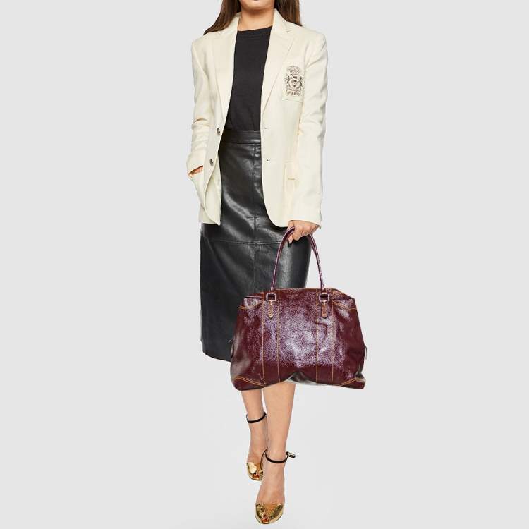 Pre Owned Fendi Burgundy Textured Patent Leather Patent B Mix Satchel