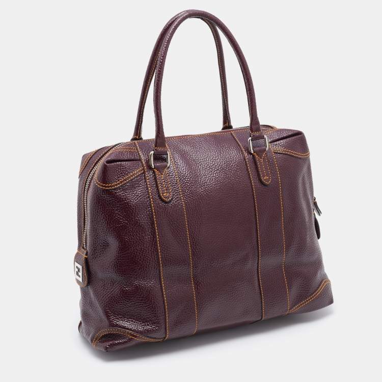 Pre Owned Fendi Burgundy Textured Patent Leather Patent B Mix Satchel
