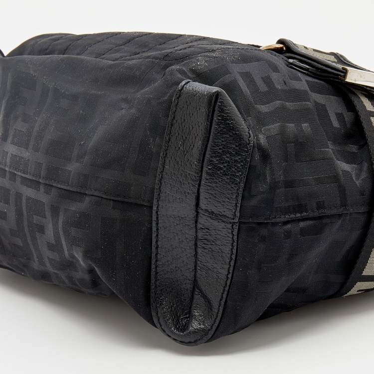 Pre Owned Fendi Black Zucca Fabric And Leather Zip Code Shoulder Bag