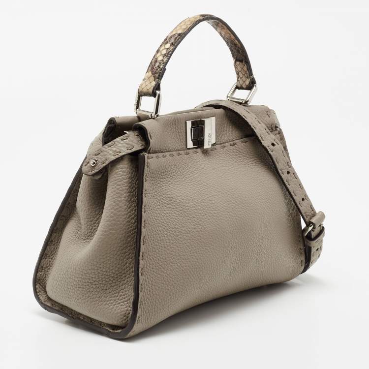 Pre Owned Fendi Beige Selleria Leather and Python Mini Peekaboo Top Handle Bag