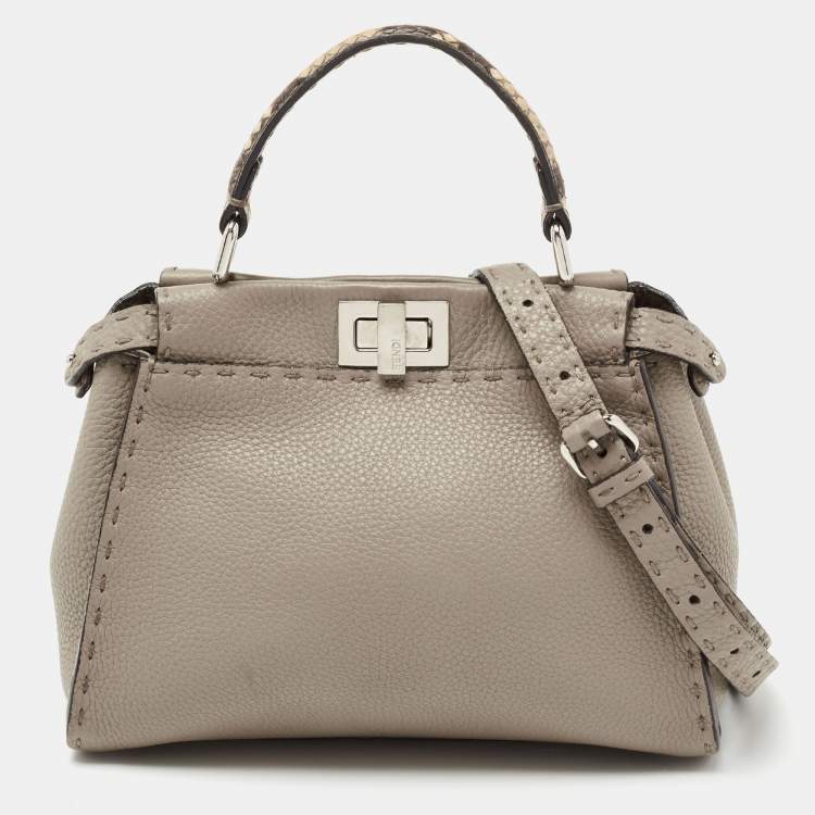 Pre Owned Fendi Beige Selleria Leather and Python Mini Peekaboo Top Handle Bag