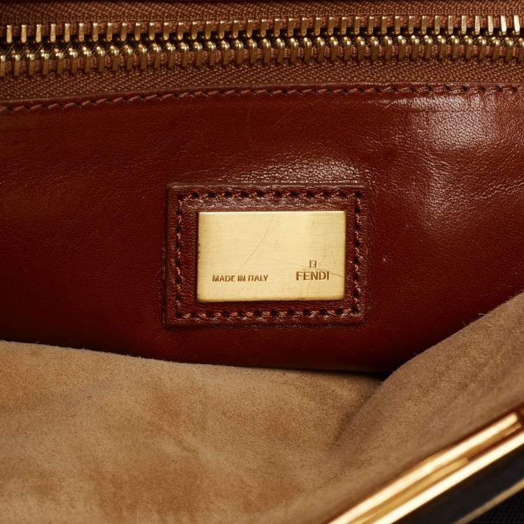 Pre Owned Fendi Beige/Black Canvas and Leather Large Peekaboo Top Handle Bag