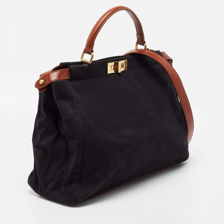 Pre Owned Fendi Beige/Black Canvas and Leather Large Peekaboo Top Handle Bag