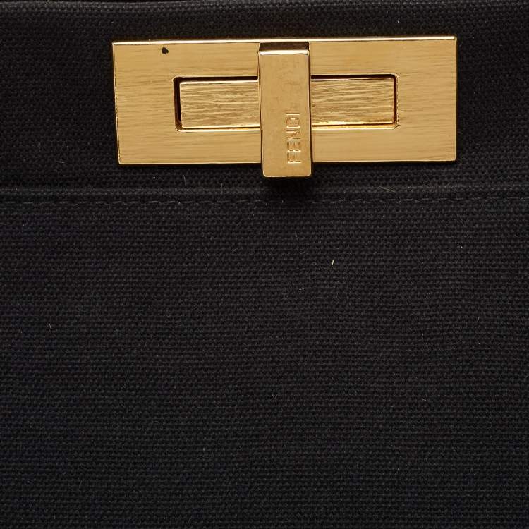 Pre Owned Fendi Beige/Black Canvas and Leather Large Peekaboo Top Handle Bag