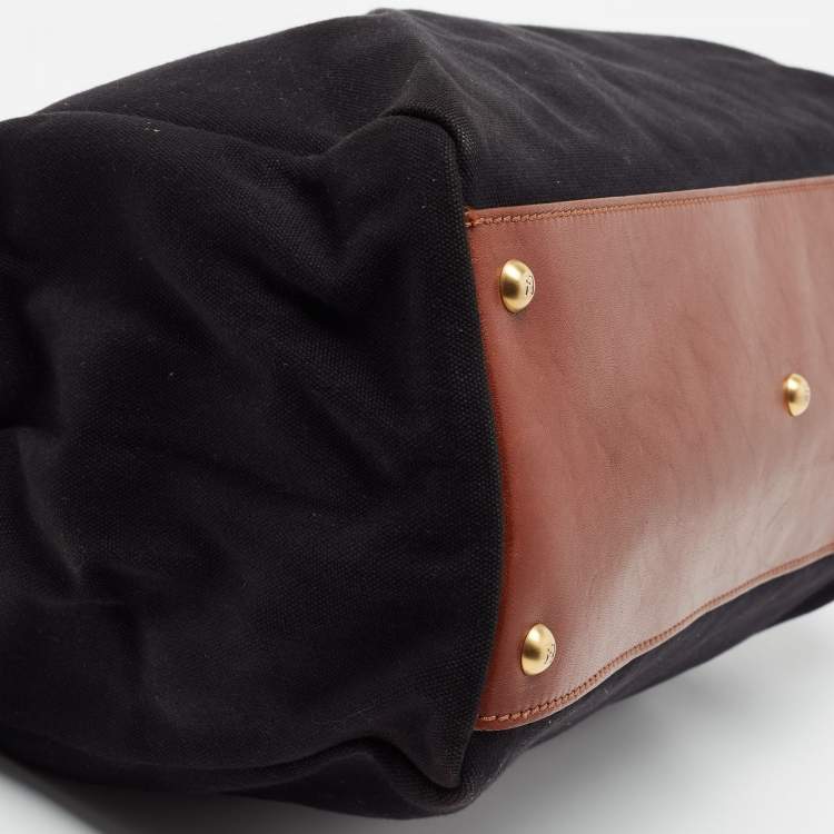 Pre Owned Fendi Beige/Black Canvas and Leather Large Peekaboo Top Handle Bag