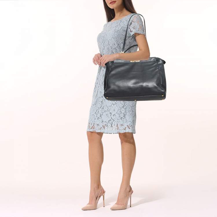 Pre Owned Fendi Beige/Black Canvas and Leather Large Peekaboo Top Handle Bag