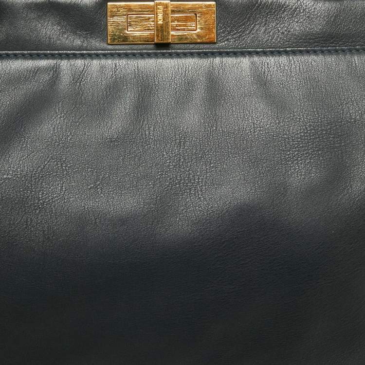 Pre Owned Fendi Midnight Blue Leather Large Peekaboo Top Handle Bag