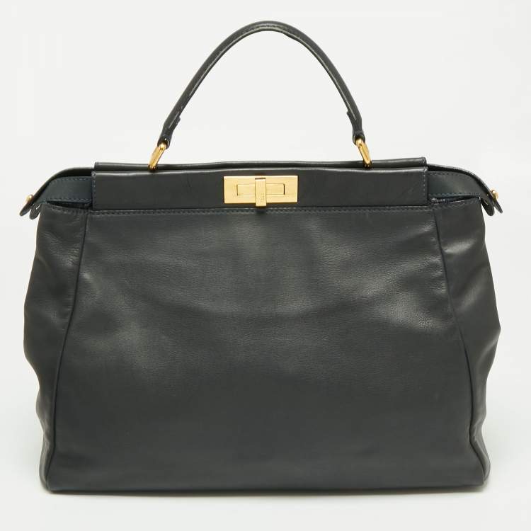 Pre Owned Fendi Midnight Blue Leather Large Peekaboo Top Handle Bag