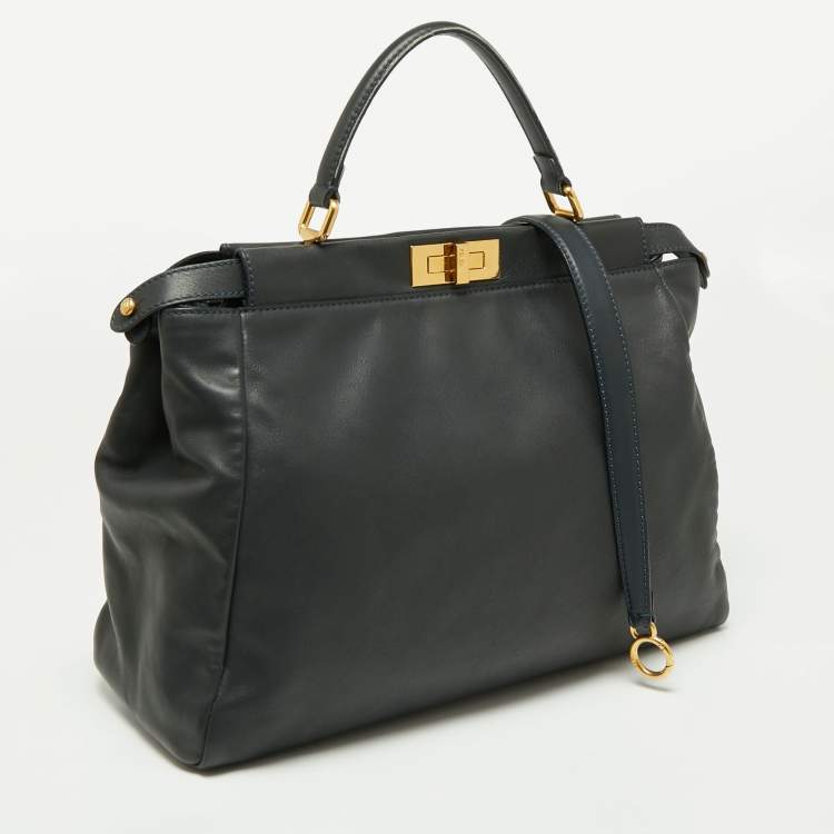 Pre Owned Fendi Midnight Blue Leather Large Peekaboo Top Handle Bag