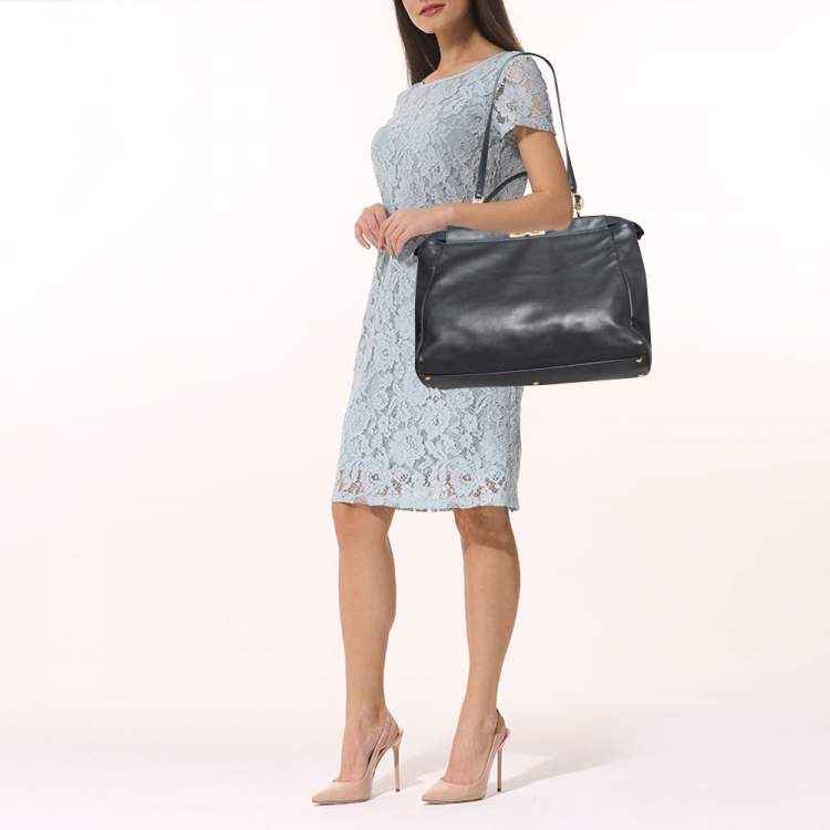 Pre Owned Fendi Midnight Blue Leather Large Peekaboo Top Handle Bag