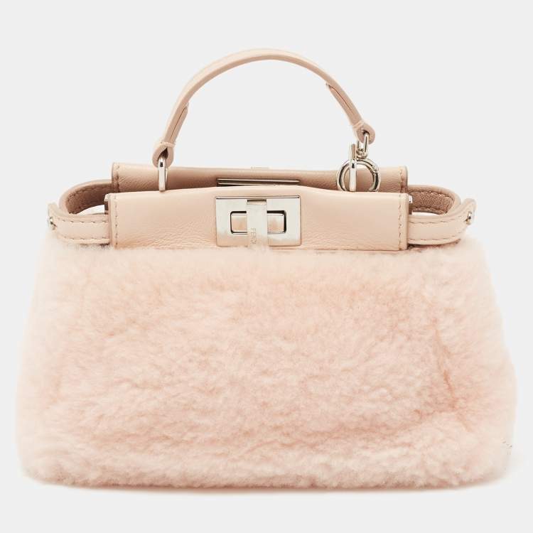 Pre Owned Fendi Powder Pink Shearling and Leather Micro Peekaboo Bag