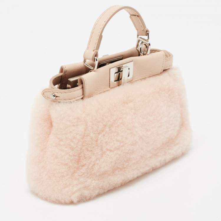 Pre Owned Fendi Powder Pink Shearling and Leather Micro Peekaboo Bag