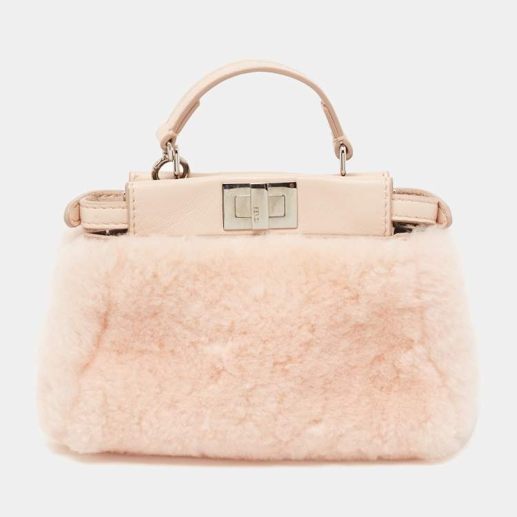Pre Owned Fendi Powder Pink Shearling and Leather Micro Peekaboo Bag