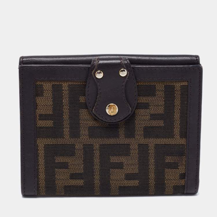Pre Owned Fendi Tobacco Zucca Canvas and Leather French Compact Wallet