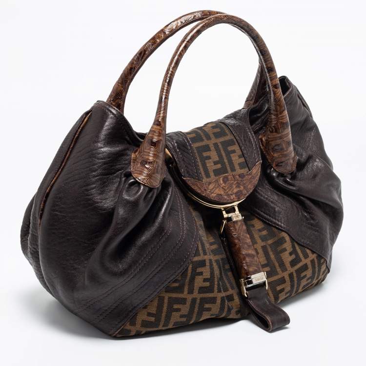 Pre Owned Fendi Tobacco Zucca Canvas and Textured Leather Spy Bag