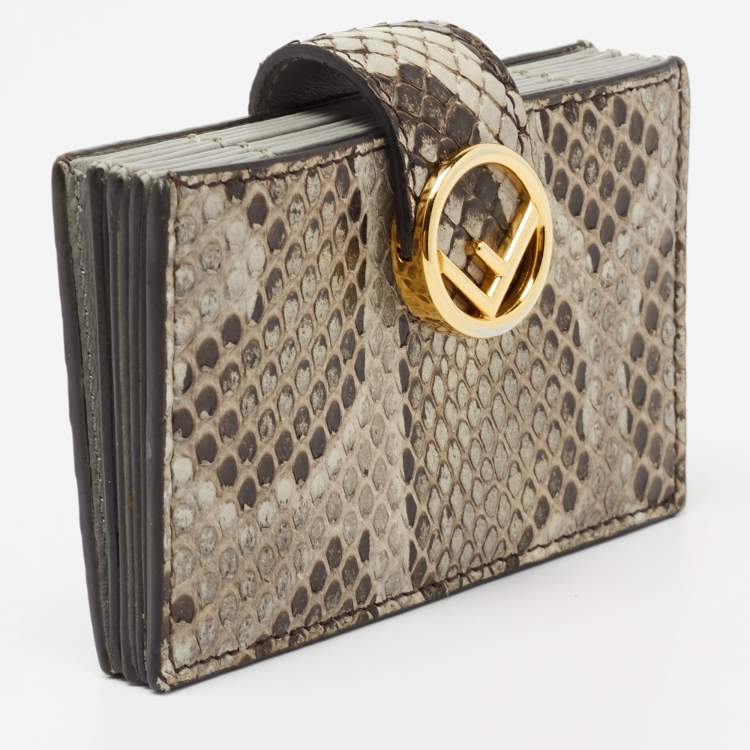 Pre Owned Fendi Grey/Brown Python and Leather F Gusseted Card Holder