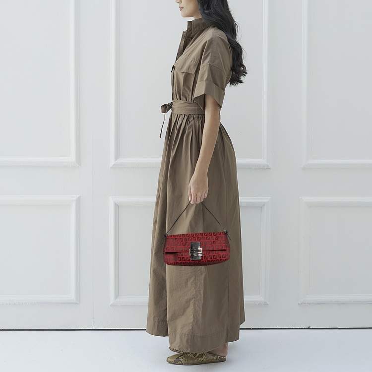 Pre Owned Fendi Red Zucchino Canvas Mama Forever Baguette Bag