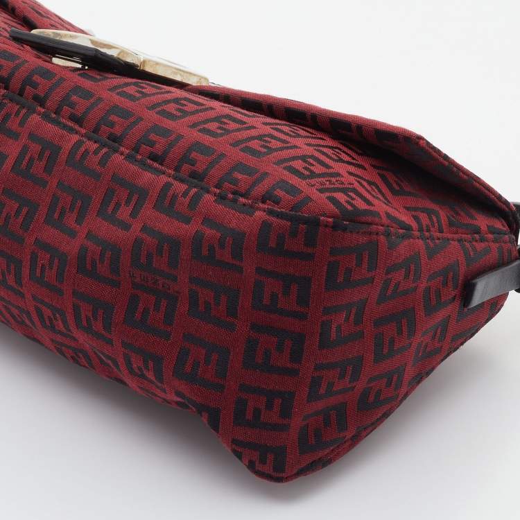 Pre Owned Fendi Red Zucchino Canvas Mama Forever Baguette Bag
