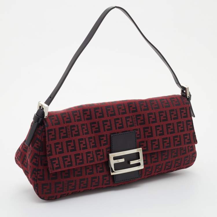 Pre Owned Fendi Red Zucchino Canvas Mama Forever Baguette Bag